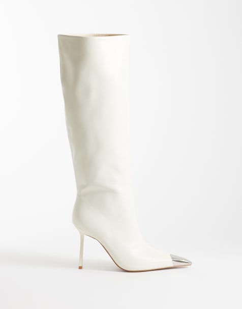 Public Desire Radiate stiletto heel knee boots with pointed metal toe in cream - view 1
