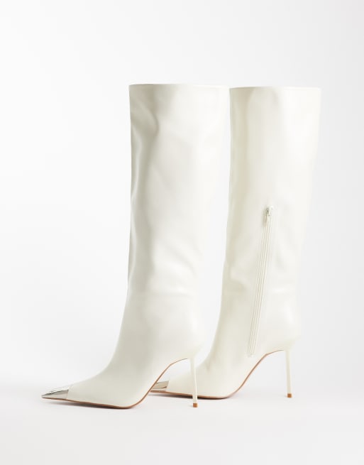Public Desire Radiate stiletto heel knee boots with pointed metal toe in cream, 3 of 4