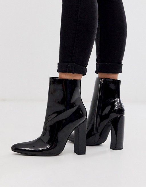Public Desire Raiyn block heeled ankle boots in black vinyl
