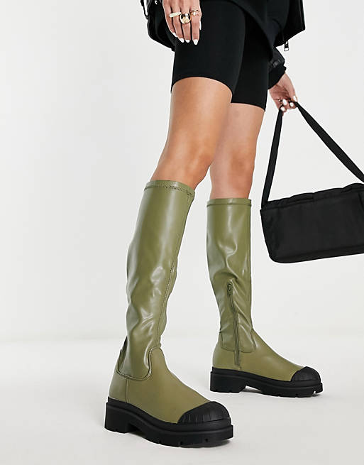 Women Boots/Public Desire Recognise pull on knee boots in khaki 