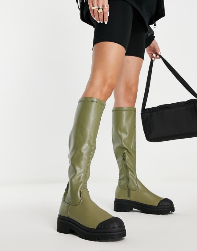 Public Desire Recognize pull on knee boots in khaki