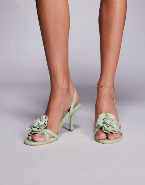 Public Desire Red Hot PU 3D Flower Sling Back Mid Heels in pistachio - view 1