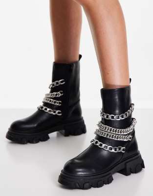Public Desire Restrain Chain Detail Chunky Sole Ankle Boot In Black ModeSens