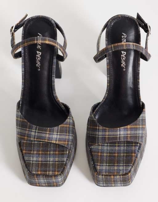 Public Desire - Retro - Sandalias azules a cuadros de tacón con plataforma, 2 de 4