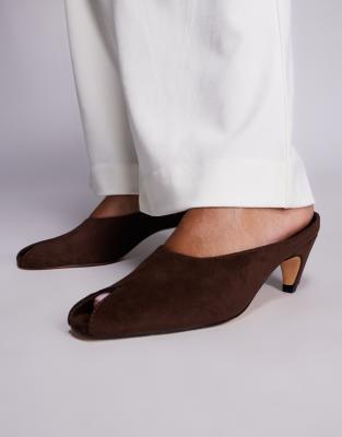 Public Desire Reuben Curved Kitten Heel Peep Toe Mules In Brown