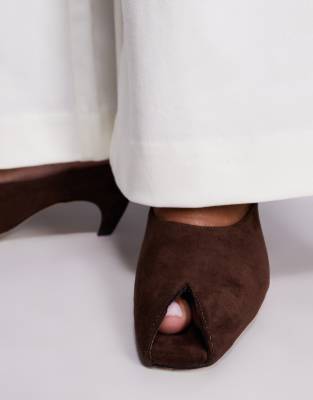 Public Desire Reuben Curved Kitten Heel Peep Toe Mules In Brown