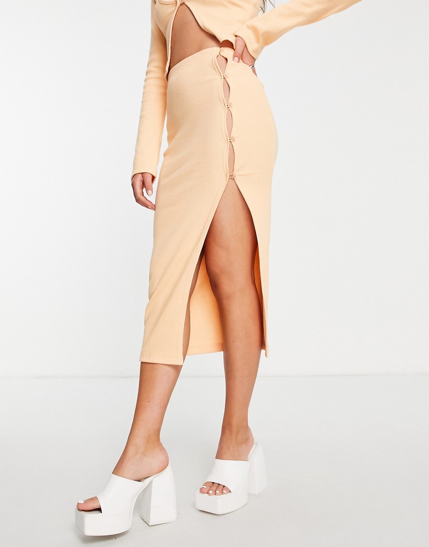 rib midi skirt with button detail in peach - part of a set-Orange