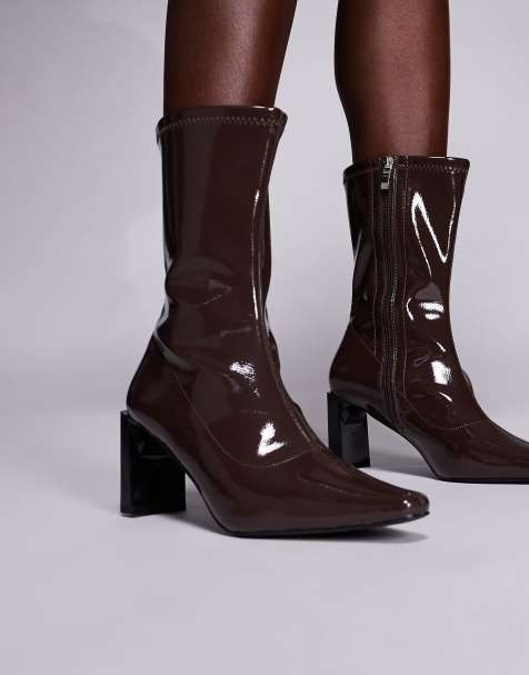 Public Desire Robert heeled ankle boots in dark brown crinkle - view 1