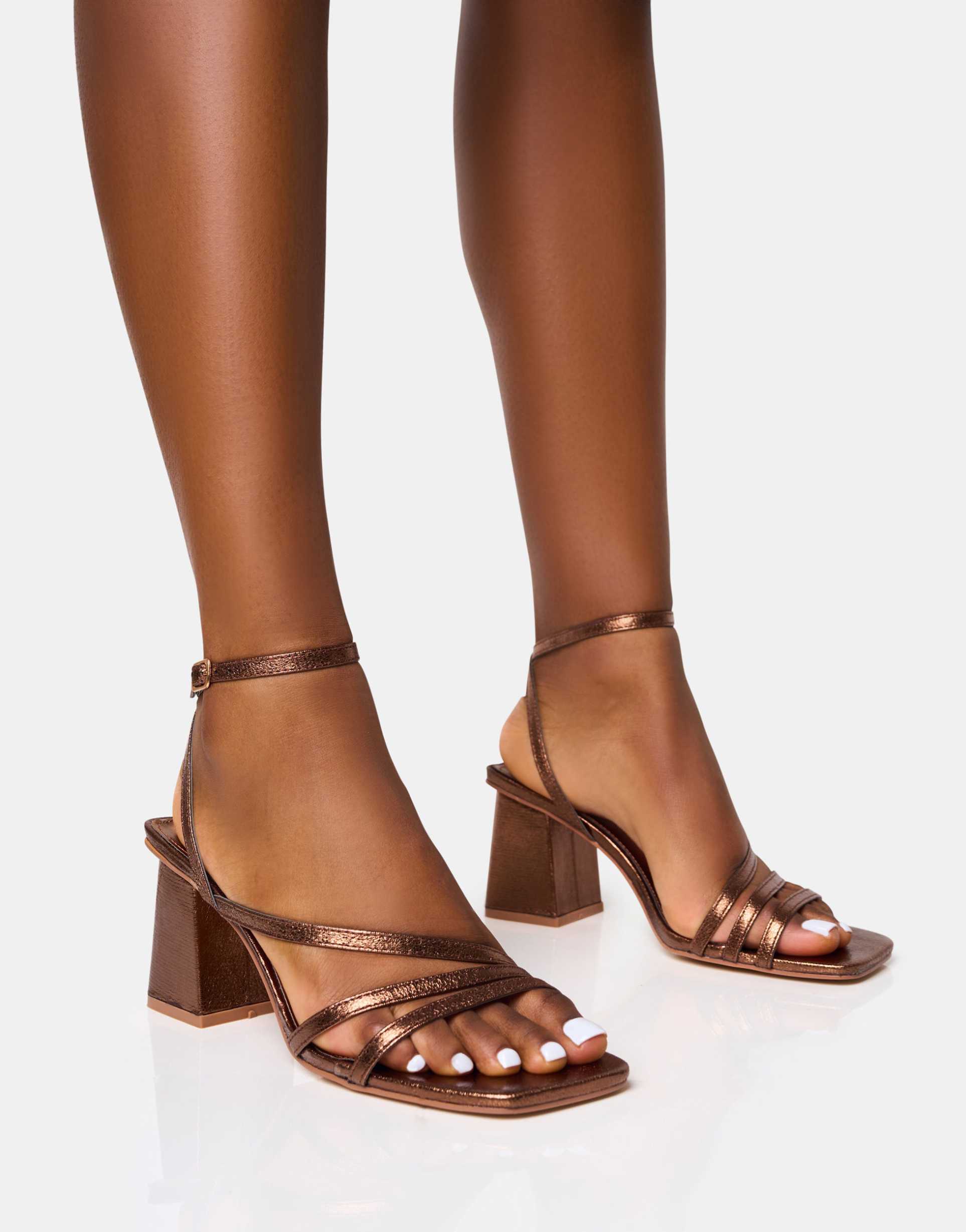 public desire robin strappy mid block heels in bronze