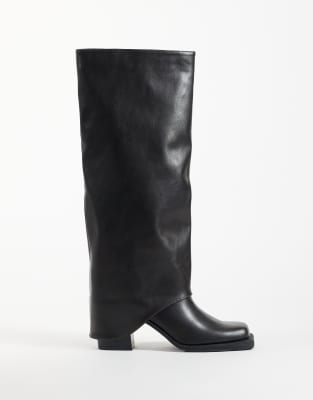 Public Desire Rocky Foldover Square Toe Knee Boots In Black