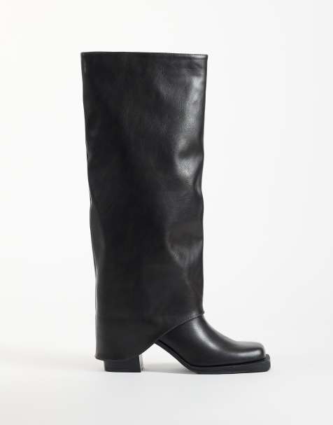 Public Desire Rocky foldover square toe knee boots in black - view 1