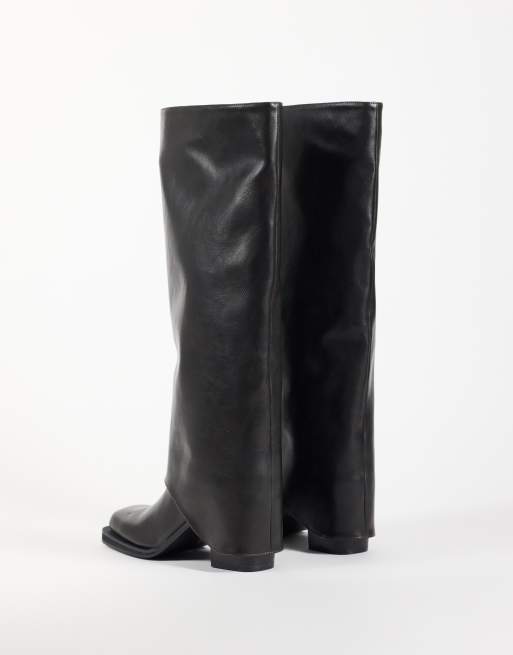 Public Desire Rocky foldover square toe knee boots in black, 3 of 4