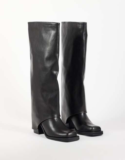 Public Desire Rocky foldover square toe knee boots in black, 4 of 4