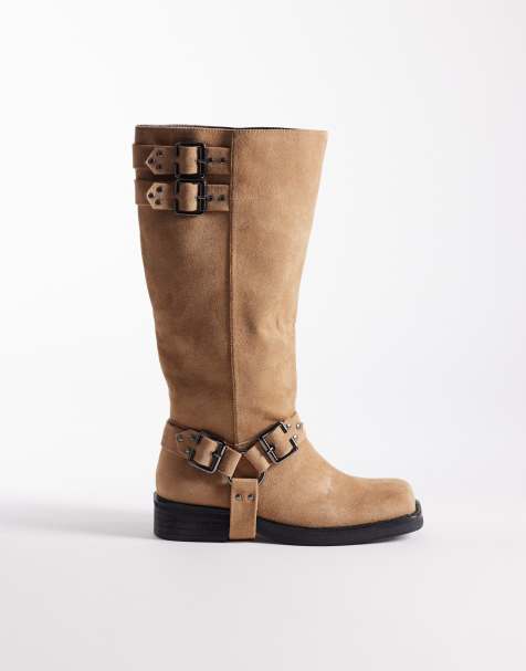 Public Desire – Rooftop – Brungrå, knähöga boots i mockaimitation med spännen - view 1