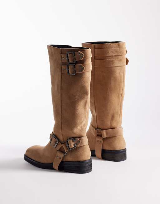 Public Desire – Rooftop – Brungrå, knähöga boots i mockaimitation med spännen, 4 av 4