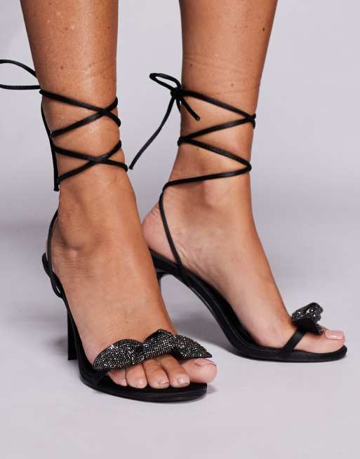 Public Desire Rose tie leg heeled sandals in black with bow detail, 2 of 4