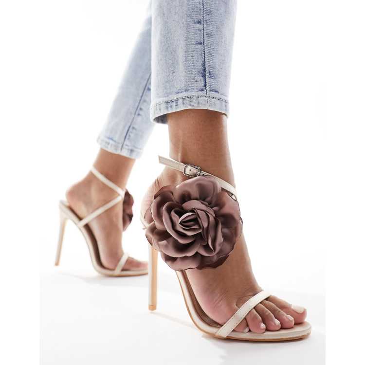 Public Desire Rossa mid heeled sandal with rosette in light pink satin ASOS