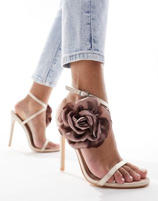 Public Desire Rossa mid heeled sandal with rosette in light pink satin - ASOS Price Checker