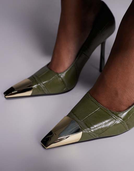 Public Desire Rotate heeled court shoes in green croc with gold detail |  ASOS