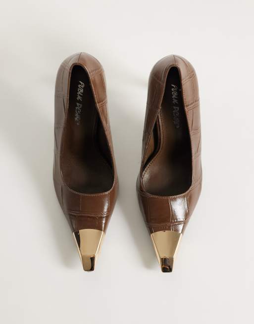 Public Desire Rotate heeled pumps in brown croc with gold detail, 2 of 4