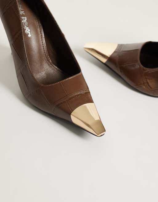 Public Desire Rotate heeled pumps in brown croc with gold detail, 3 of 4