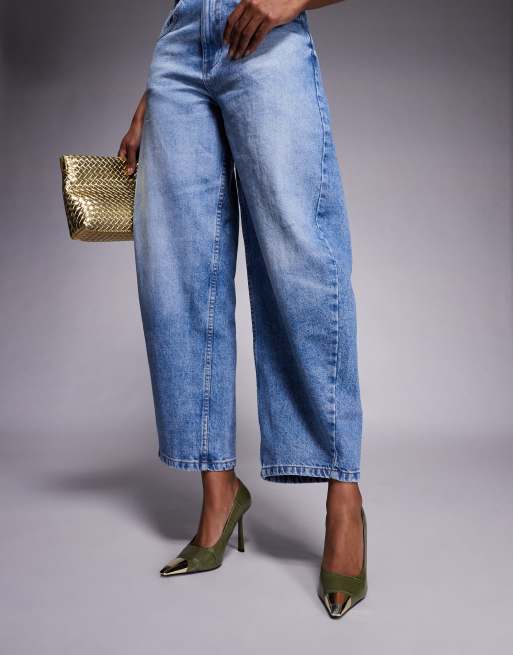 Public Desire Rotate heeled pumps in green croc with gold toe caps