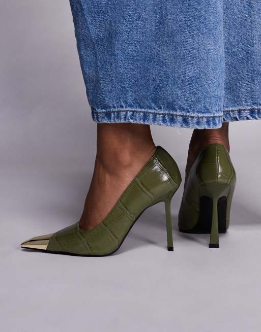 Public Desire Rotate heeled pumps in green croc with gold toe caps