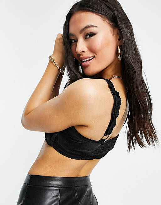  Public Desire ruched crop top with ruffle strap co ord in black 
