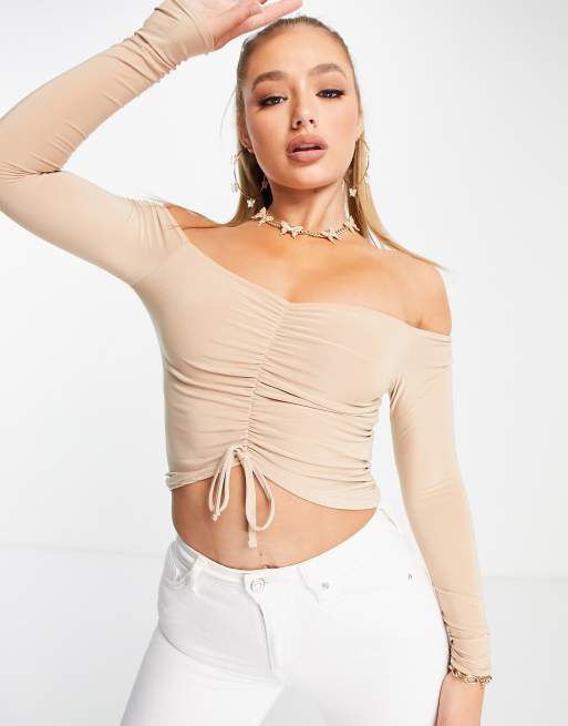 Public Desire ruched off shoulder crop top co ord in stone, 2 of 4