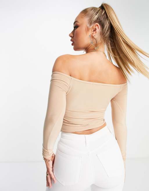 Public Desire ruched off shoulder crop top co ord in stone, 3 of 4