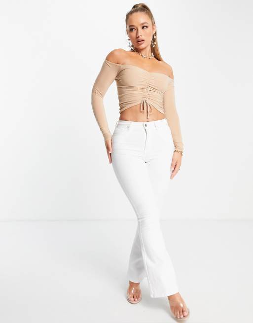 Public Desire ruched off shoulder crop top co ord in stone, 4 of 4
