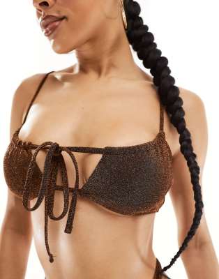 Public Desire Ruched Tie Front Bikini Top In Brown