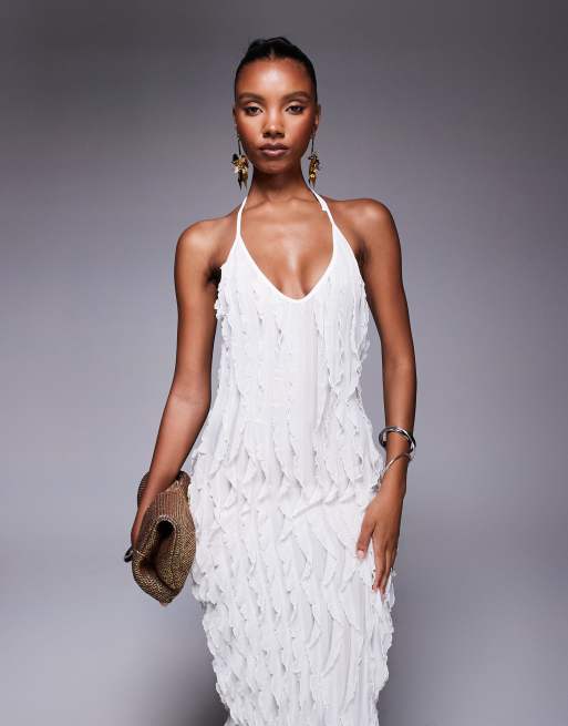sachin and babi light blue dress Public Desire Ruffle detail halter neck maxi dress cream in cream