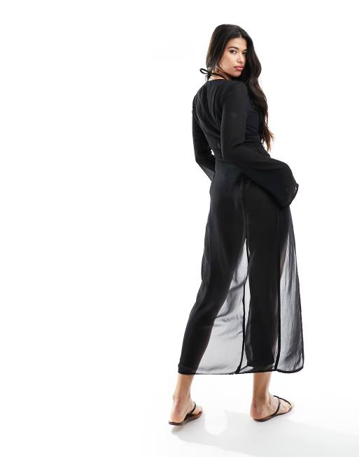 Public Desire ruffle maxi beach dress cover up in black, 3 of 4