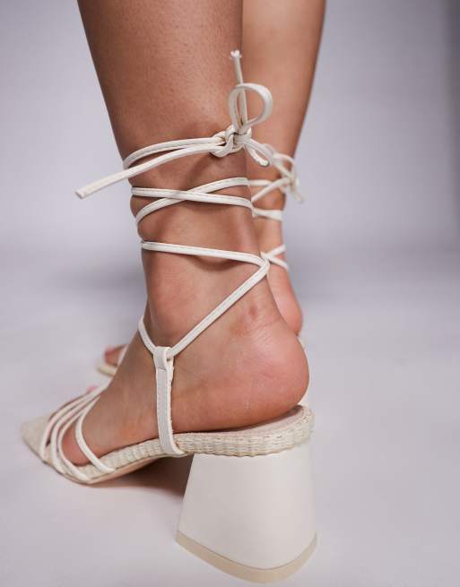 Public Desire Saffira mid heeled sandals with ankle ties in cream, 2 of 4