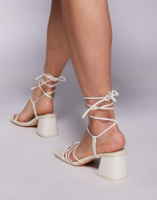 Public Desire Saffira mid heeled sandals with ankle ties in cream, 3 of 4