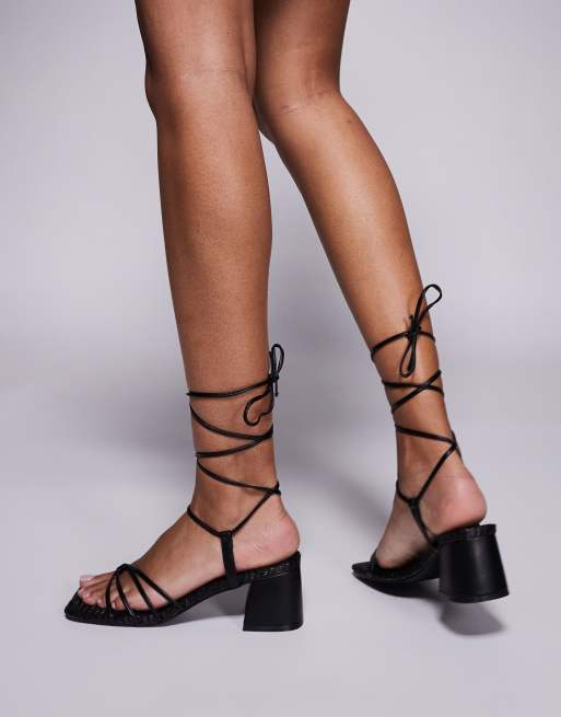 Public Desire Saffira mid heeled sandals with ankle ties in black