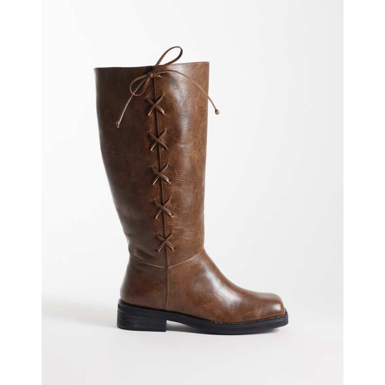 Public Desire Saffron square toe knee boots in tan brown | ASOS