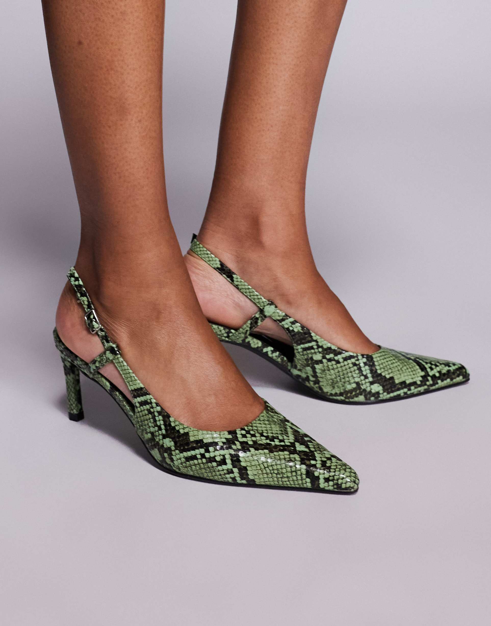 public desire salsa sling back kitten heels in green snake print