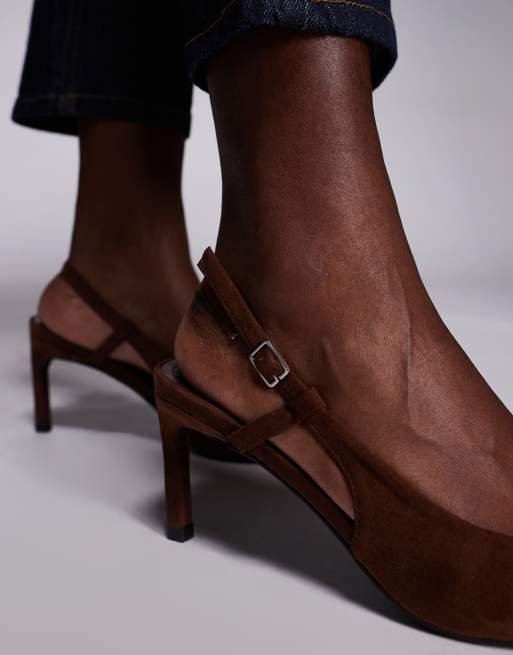 Public Desire Salsa slingback kitten heels in brown suedette, 3 of 4