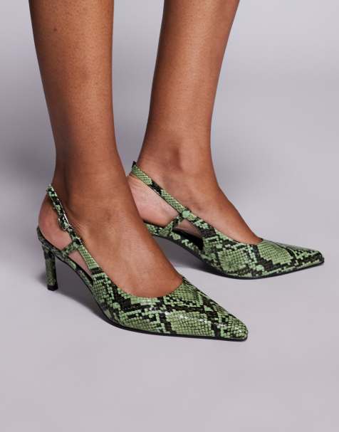 Public Desire Salsa slingback kitten heels in green snake print - view 1
