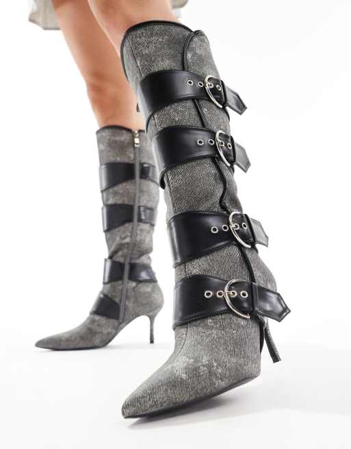 Public Desire - Samurai - Bottes hauteur genou en jean à petits talons et boucles - Noir délavé, 2 de 4