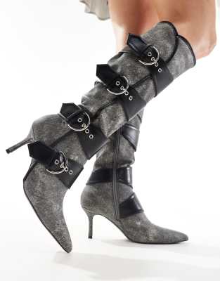 Samurai kitten heel knee boots with buckles in black washed denim