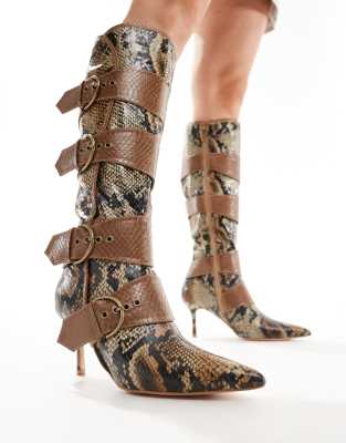 Public Desire Public Desire Samurai kitten heel knee boots with buckles in snake-Brown