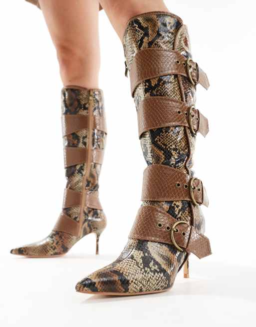 Public Desire Samurai kitten heel knee boots with buckles in snake ASOS