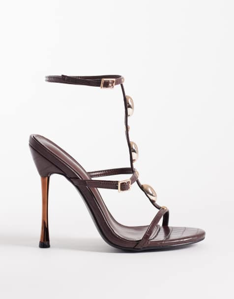 Public Desire sandaler med bred passform, hög klack och stenutsmyckning i brunt - view 1