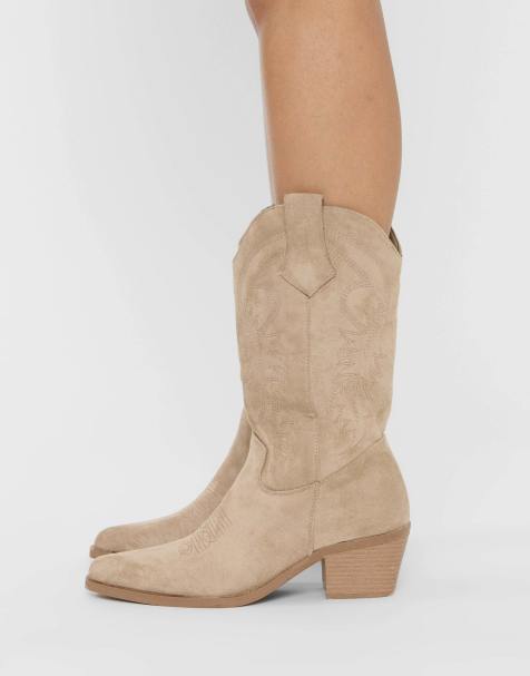 Public Desire Sandy suedette western cowboy ankle boots in beige - view 1