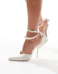 [Public Desire] Public Desire Sariah bridal pointed heels in ivory satin with pearl ankle strap and corsage detail-White 38 Ivory