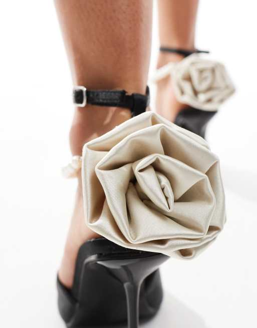 Public Desire Sariah pointed heels in black with pearl ankle strap and corsage detail, 2 of 4