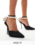 [Public Desire Wide Fit] Public Desire Sariah Wide Fit pointed heels in black with pearl ankle strap and corsage detail 37 BLACK